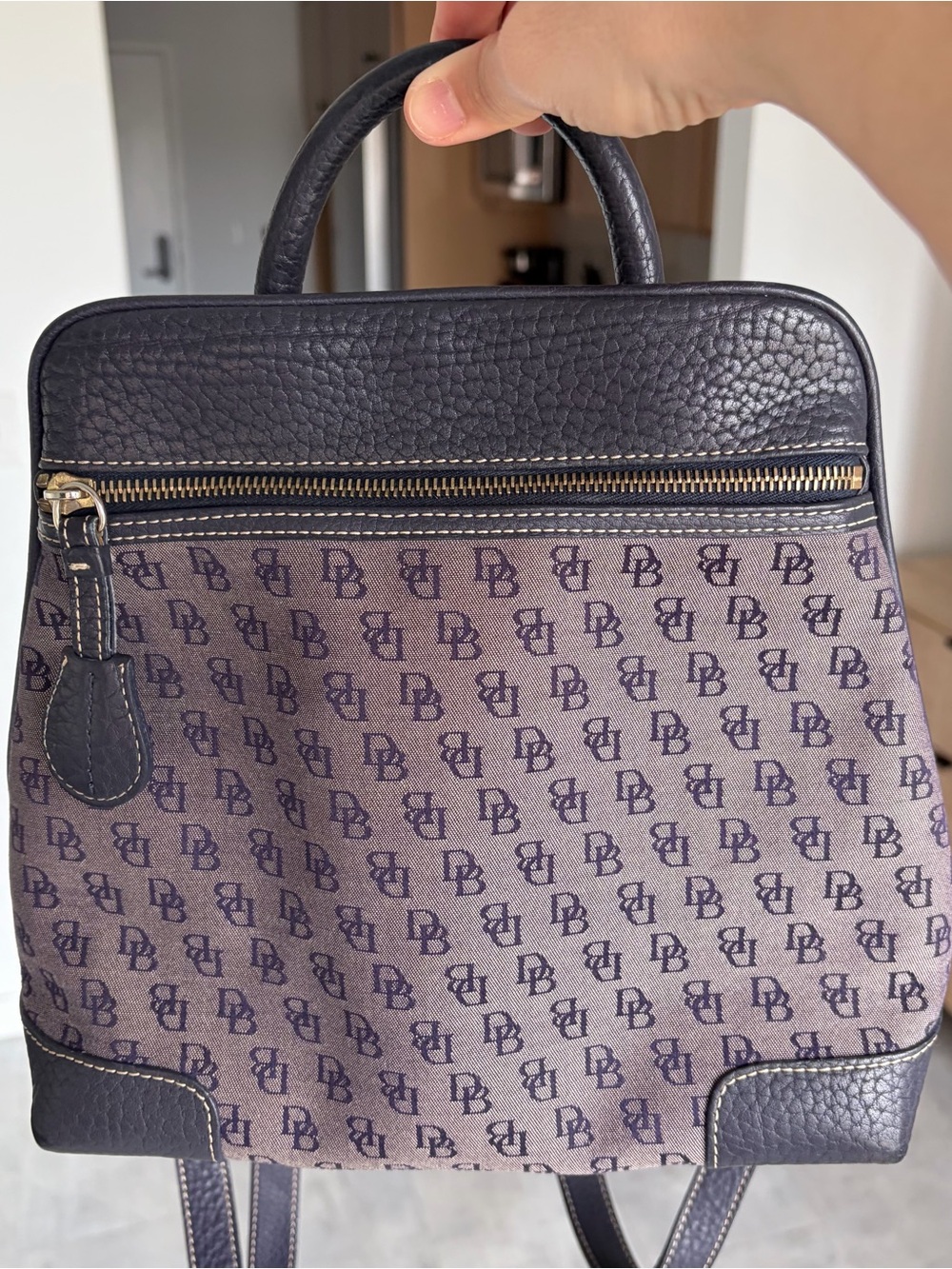 Dooney & Bourke Navy Signature Jacquard Backpack Pebble Leather Trim Vintage Y2K